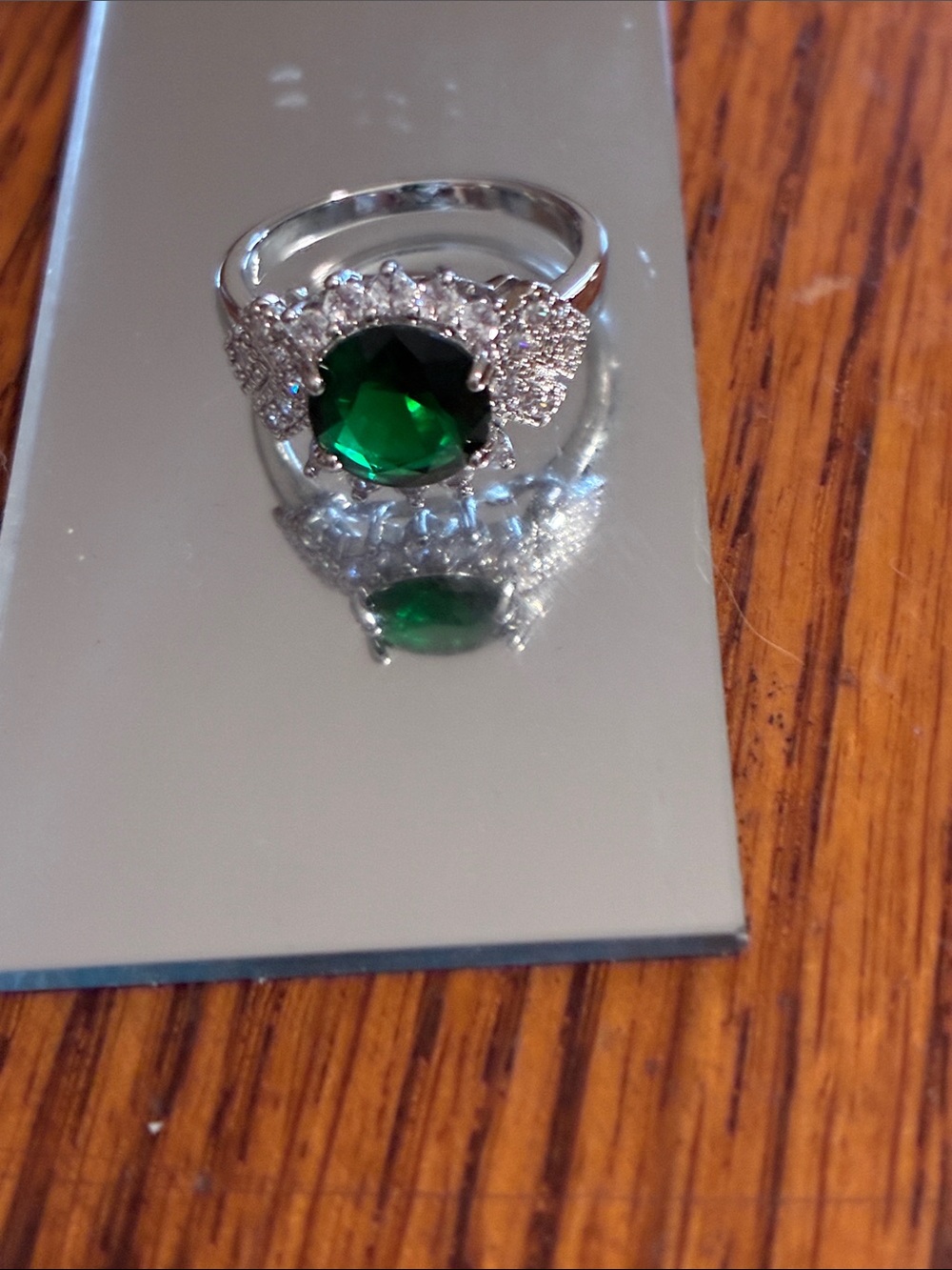 Emerald Green Halo Silver Ring
